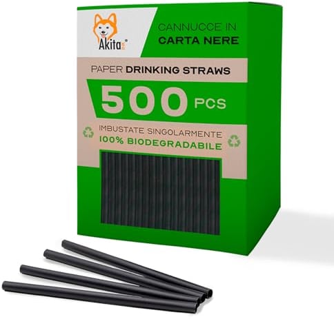 Akitaink [500 pezzi - 20 cm - Ø 6mm] Cannucce per cocktail nere in carta | Confezione da cannucce | Perfetto per cocktail, 100% biodegradabile, ecologico, resistente e sostenibile - nero (NERE, 500)