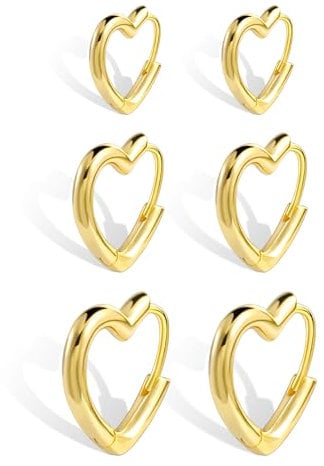 ALEXCRAFT Gold Heart Earrings Womens Sterling Silver 3 Pairs Small Hoop Earrings Heart Earrings For Women 16mm
