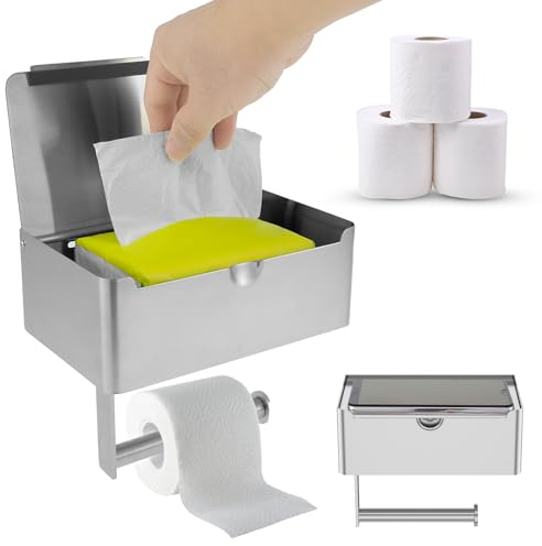 Toilet Roll Holder with Shelf, 2 in 1 Toilet Roll Holder with Storage Box, Wall Mounted/Self Adhesive Toilet Paper Holder, Stainless Steel Toilet Wipes Dispenser Box for Bathroom Home(silver)