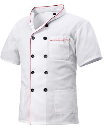 MeiLayM Kochjacke für Herren & Damen Slim Kochjacke mit Druckknöpfen Herren Modern Style Kurzarm Bäckerjacke Professional Chef Uniform Kurzarm Weiß Rot,XS