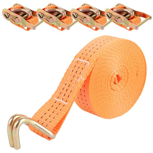 GBACHOOSE Lot de 4 sangles d'arrimage avec taquet de 6 m x 38 mm - Orange - Avec crochet - Pour remorque, moto, voiture, marchandises