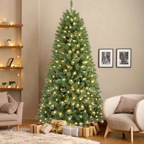 SHareconn 7ft Pre Lit Christmas Tree with 350 Warm White LED Lights, 8 Adjustable Lighting Modes, 998 Branch Tips, Foldable Metal Stand, Artificial Christmas Trees for Home Party Store Decoration
