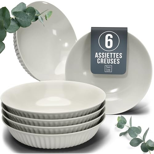 Set de 6 Assiettes à Soupe en Grès – Design HYGGE Scandi - Assiettes Creuses Grandes pour Pâtes avec Design Rainuré - Vaisselle Pure Living en Beige
