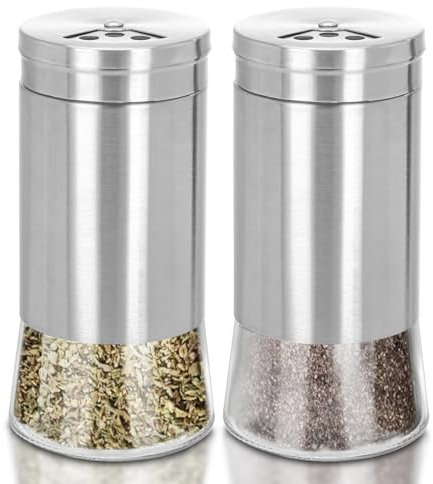 WallEgo - Lot de 2 salières et poivrières élégantes en verre rechargeables avec trou verseur réglable en acier inoxydable (argenté)