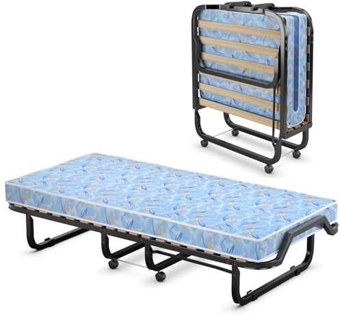 GOPLUS Gästebett 90×200 cm, Einzelbett klappbar mit Memoryschaummatratze, Stahlrahmen, 4 Universalrollen, Klappbett für Gästezimmer, Camping, Büro, Schlafzimmer & Wohnzimmer (Blau, 90×200 cm)