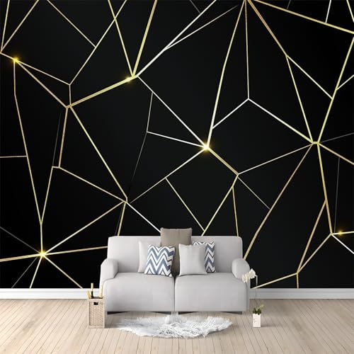 Lignes Géométriques Dorées Noires Papier Peint Panoramique Noir Peinture Murale Papier Peint 3D Fresque Salon Chambre, 250x175 cm