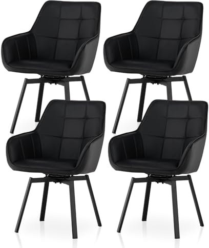 TUKAILAI Esszimmerstühle Drehbar 4er Set, Drehstuhl esszimmer Kunstleder mit Armlehnen Rückenlehne Gepolsterter Sitz Metallbeine, Armlehnstuhl Küchenstühle Polsterstuhl Sessel für Küche (Schwarz)