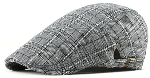 HIQIU Karierte Schiebermütze Herren Flatcap Vintage Karomuster Muster Barett Cap Schirmmütze Damen Einstellbar Newsboy Cap Efeu Hut für Frühling Sommer (DE/NL/SE/PL, Alphanumerisch, M, L, 02- Grau)
