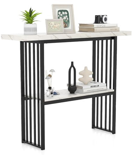 COSTWAY 2-Tier Console Table, Modern Faux Marble Narrow Hall Desk Sofa Side Table, 120cm Long Slim Display Accent Table for Entryway, Living Room, Bedroom and Foyer (White+Black)