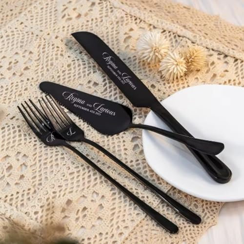 Personalisiertes Hochzeitstortenmesser-Set, Edelstahl, personalisierbar, Kuchenschneider für Hochzeit, Jahrestag, Geburtstag (schwarz, 1 Set)