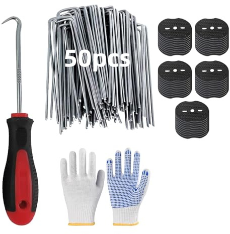 DYUEE 50 6/150mm Weed Control Membrane Pegs + 50 Buffer Washer, Strong U-Shaped Ground Stakes Steel, Weed Mat Pegs for Metal Garden Landscape Staples Artificial Grass Pins, Weed Barrier Sod Fabric