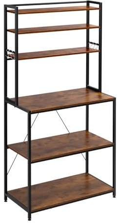 WOLTU Küchenregal stehend mit 6 Ablagen, Standregal Küche mit 6 Haken, Bäckerregal aus Metall & Ingenieurholz, Mikrowellen Regal für Wohnzimmer, 80 x 167 x 40 cm, Rustikales Braun+Schwarz