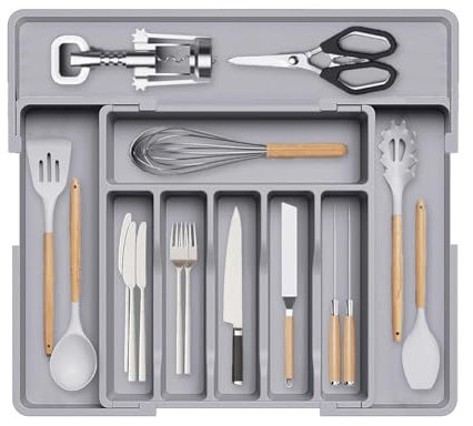 Wnddle Erweiterbarer Besteckkasten für Schubladen, Schubladen Organizer, Besteckkasten für Schubladen, Verstellbarer Schubladeneinsatz Besteckeinsatz, Küchen Organizer, für Löffel/Gabeln (Grau)