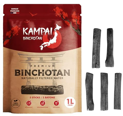 KAMPAI carbón activado agua | Filtro hasta 4,5 l/bastón | Binchotan natural | Purificador Vegetal Bio jarra filtrante – 6 meses de purificación agua del grifo botella de cristal botella (5 palos x 1 L