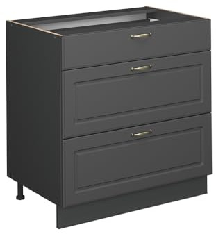 Vicco Küchenunterschrank Fame-Line, Anthrazit-Gold Landhaus, 80 cm | MDF-Front · AP Anthrazit inkl. · Höhenverstellbare Füße · Metallgriffe · Metall-Vollauszüge