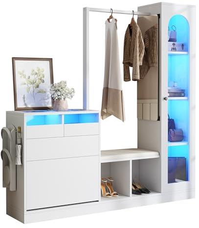Azkoeesy Juego de perchero multifuncional con luz LED, 6 en 1, color blanco, combinación moderna de entrada con zapatero, banco tapizado, vitrina de cristal, espejo de cristal, barra para colgar ropa