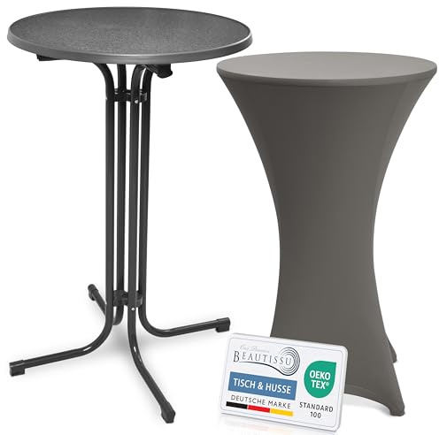 Beautissu Klappbarer Stehtisch 70cm mit Stretchhusse Outdoor Bistrotisch | Grau Anthrazit rutschfest waschbar & bügelfrei Hussen Kratzfest Wetterfest Partytisch Gartentisch Bistro Bellini & Stella