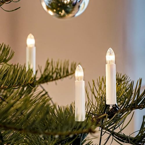 hellum Lichterkette Weihnachtsbaum innen 30 Lichter, teilbarer Stecker | Made in Germany warmweiß, Kerzen Lichterkette mit Clip, 20,30m beleuchtet, Kabel grün, inkl. 3 Ersatzkerzen <59lm 430240