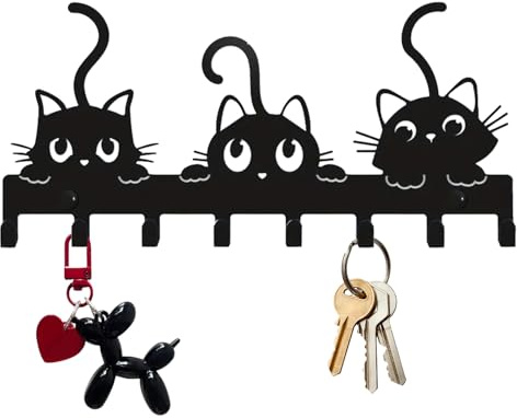 Porte Clef Mural Chat 25,9x12 Cm Porte Clef Mural Avec 8 Crochets Porte-clés Muraux Noir Pour Couloir Entrée Cuisine Auto-Adhésifs Ou À Percer Pour Ranger Petits Objets Écharpe Chapeau Dans L'entrée