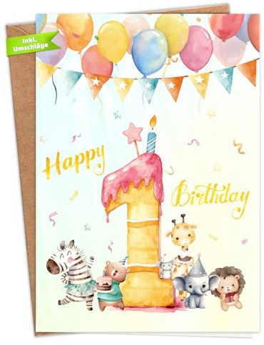 WenmthG Geburtstagskarte 1 Jahr - Niedliche Geburtstag Karte zum 1. Geburtstag für Jungen & Mädchen, A6 Klappkarte mit Kraftpapier Umschlag