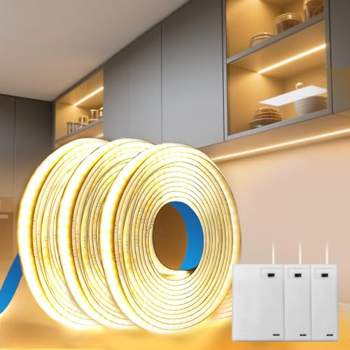BAGZY Battery LED Strip Light COB 3 x 1M 5V Battery Powered LED Strip Tape Lights Warm White 3000K Self Adhesive Flexible Uniform Dotless Cuttable 320LEDs/M for Kitchen Mirror Bedroom Cabinet Decor