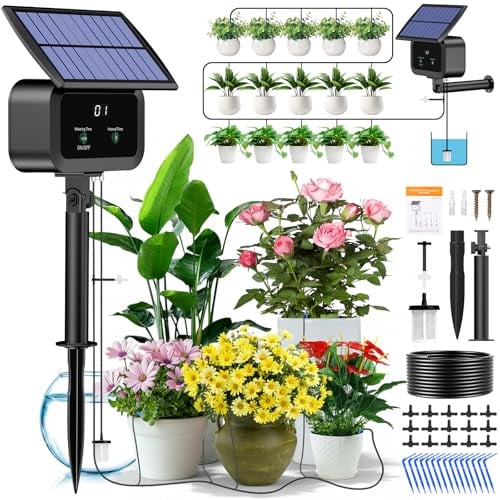 Kit di Irrigazione Automatica Solar, Innaffiare le Piante in Vacanza, Sistemi di Irrigazione Automatico con Timer + Tubo Flessibile da 15M per Giardin, Balcone, Piante in vaso
