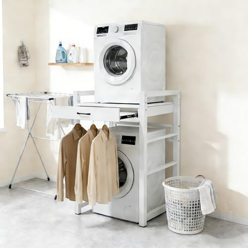 BugyKido Waschmaschinenregal mit Auszug Wäscheständer 73x63x105cm 250 kg Tragfähigkeit Höhenverstellbarer Regal für Waschmaschine Regal über Waschmaschine Waschmaschinenschrank Badezimmer Balkon