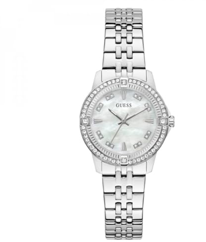 Guess Damen Armbanduhr GW1027L1 Colette Pearl, 32 mm Edelstahl Silber, Perlmutt Zifferblatt, Quarz, Mineralglas, 3 ATM, Zirkonia, Gliederarmband 16 mm