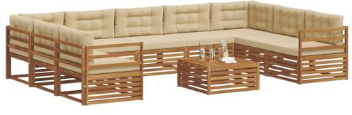 vidaXL Sofagarnituren 10 pcs Natur und Beige Massivholz Akazie, Moderner Garten-Sofa, Outdoor-Sitzgruppe, Lounge-Set für die Terrasse, bequem und robust