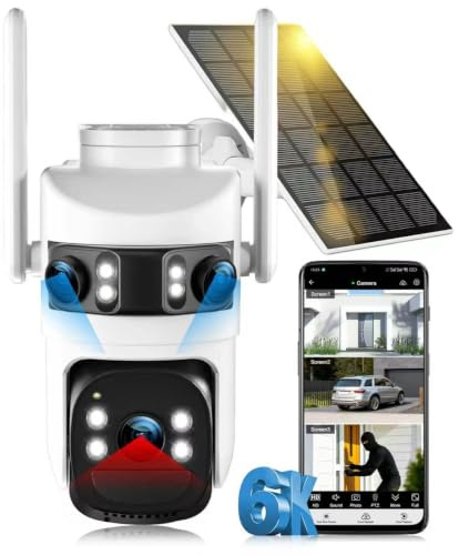 10X Zoom 6K Solar Security Camera WiFi6 Outdoor Wireless for Home, 3 Lens | 360° PTZ, Auto Tracking, Siren, Night Color, 5G/2.4G WiFi, 2-Way Audio, IP66, Ideal for Doorway/Garage/Yard/Warehouse/Farm