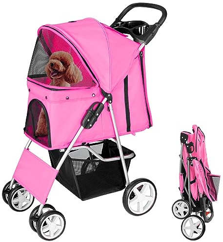 display4top Pet Travel Stroller Dog Cat Pushchair Pram Jogger Buggy With 4 Wheels (Pink)