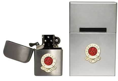 Sunderland football club stormproof petrol lighter and metal cigarette packet cover