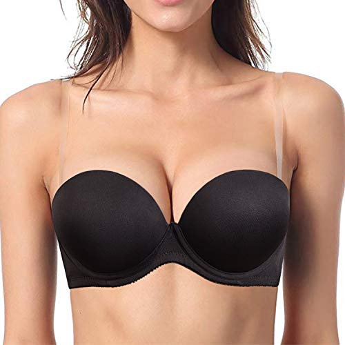 YBCG Push up Strapless Padded Convertible Add a Cup Underwire Supportive Bra with Clear Straps for Women's Wedding - Black - 38C