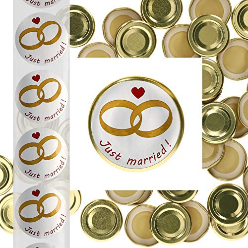 MamboCat 50er Deckelset TO43 Gold + Hochzeits-Etiketten Just Married I Trendige Geschenkverpackung für Marmelade, Kostproben & Give Aways I Einkochzubehör