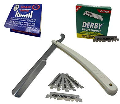 Hairtown Rasiermesser-Set | Sedef Ustura Bartschneider | 100 Derby Rasierklingen| 20 IHA Alaun Blutstiller Zündholzform | Wechselklingenmesser mit ersatz klingen Herren | Blutstillstift | (Weiß)