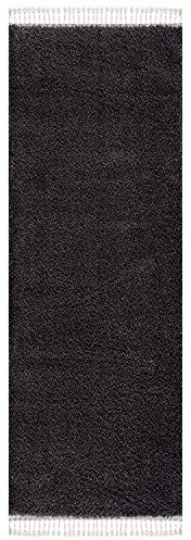 carpet city Hochflor Teppich Wohnzimmer - Einfarbig Schwarz - 80x400 cm Läufer - Shaggyteppich Langflor - Kettfäden - Schlafzimmerteppich Flauschig Weich - Moderner Flurteppich