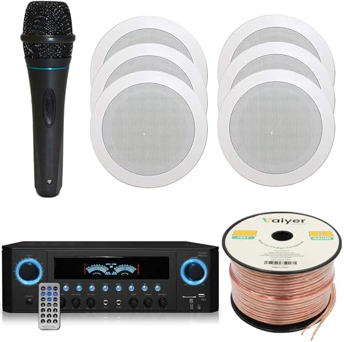 Home Theater System Kit 1000 Watts Amplifier w/USB, SD Card Inputs, (Qty 6) 5.25 Flush Mount in-Wall/in-Ceiling Stereo Speakers, Mic and 250 ft Speaker Wire | Perfect for Home, Office and Restaurants