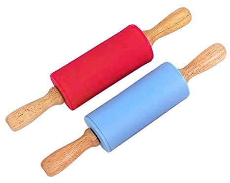 Asalinao 2 Stück 23 cm Silikon Nudelholz Antihaft Oberfläche Holzgriff für Kinder, Kinder Küche Kochen Backwerkzeug,Packung mit 2 Stück (Mehrfarbig-B)