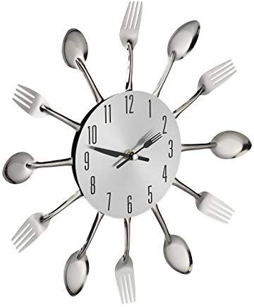 Relaxdays Wall Clock Cutlery, Kitchen Decoration, 12 Spoons and Forks, Ø 31 cm, Battery Operated, With Ticking, Silver, Iron