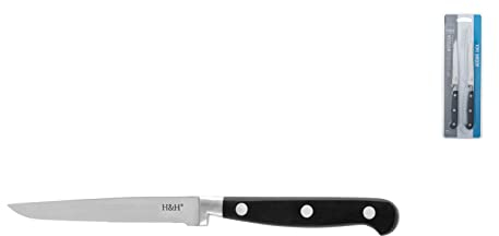 H&H Set 2 Coltelli Bistecca, mezza Lama Seghettata, con Punta, Manico Nero