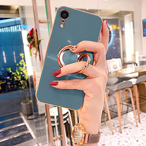 OWM iPhone XR Case with Ring Holder Stand Magnetic Back Silicone Shockproof Gold Edge Luxury Designer Girls Women Soft Protective Phone Cover Compatible for iPhone XR (Blush Green)