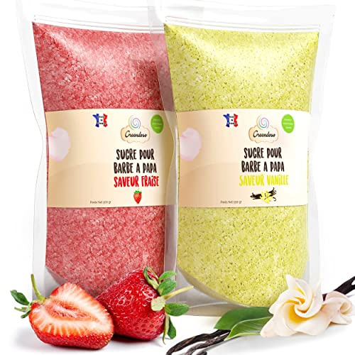 GREENDOSO® Candy Floss Sugar for Machine 2x500g, 20 Sticks - Cotton Candy | Natural Flavours : Strawberry, Vanilla. 8 Edible Wafer Decorations. Makes 35-40 Candyfloss with Any Maker. Ideal for Parties