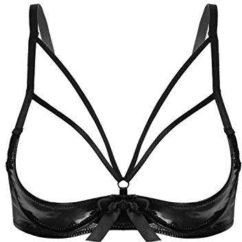 Choomomo Women PVC Leather Exposed 1/4 Cups Push Up Underwired Shelf Bra Top Strappy Everyday Bra Black 4XL