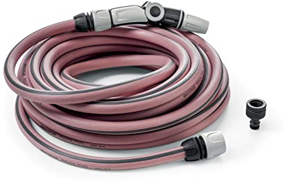 G.F. SRL RECO Schlauch, 15m Bewässerungsschlauch Ø 5/8” mit recycletem Kunststoff mit Kit (3 Jet ergonomische Gartenspritze, Anschlüsse, Wasserhahnanschluss) Farbe Fuchsia