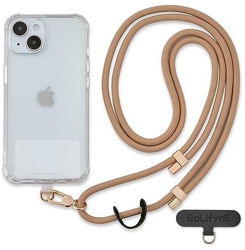 Golifyne Tour de Cou Telephone Universelle Cordon Telephone Collier Longe Réglable, Lanières de Téléphone en Bandoulière Portable avec 2 Patchs - Beige