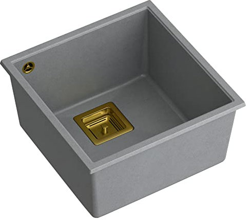 QUADRON fregadero de cocina fregadero de granito de un seno | tamaño 41 x 42 x 22,5 cm color: gris y dorado | DAVID 40 fregadero moderno | fregadero de 1 seno con sifón manual