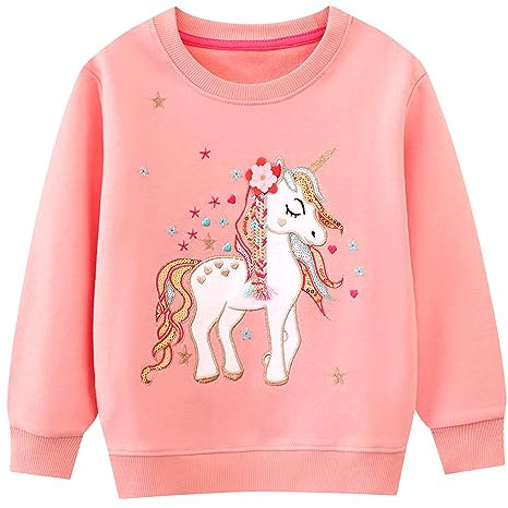 FILOWA Felpa per Bambina, Ragazza Unicorno Floreale Ricamata Pullover Maglione Cotone Girocollo Moda Manica Lunga Maglietta Casual Top Senza Cappuccio Felpe 5-6 Anni, Rosa