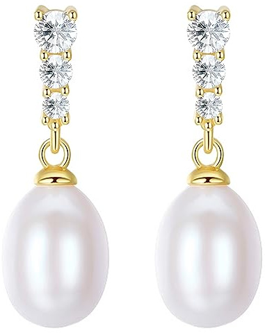 LÖB Damen Perlenohrringe 925 Silber Gold Vergoldet Zuchtperlen Zirkonia Steine Tropfen Anhänger Perlen Ohrringe Hängend Ohrstecker Perlenohrstecker Brautschmuck