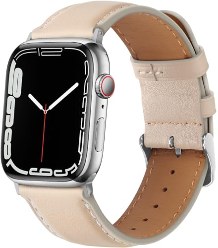 HITZEE Cuero Correas Compatible con Correa Apple Watch 42mm 41mm 40mm 38mm, Correa de Cuero Genuino Compatible con Apple Watch SE2 SE Serie 10 9 8 7 6 5 4 3 2 1, Blanco Estrella