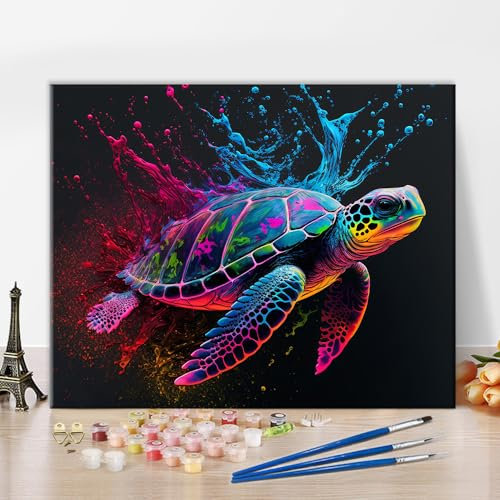 TISHIRON Kit de peinture par numéros de tortue de mer pour adultes, débutants et enfants, animaux à faire soi-même avec pinceaux, peinture à l'huile à la main, toile, cadeaux, loisirs créatifs, 40,6 x